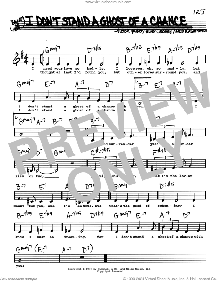 I Don't Stand A Ghost Of A Chance With You (Low Voice) sheet music for voice and other instruments (real book with lyrics) by Bing Crosby, Ned Washington and Victor Young, intermediate skill level