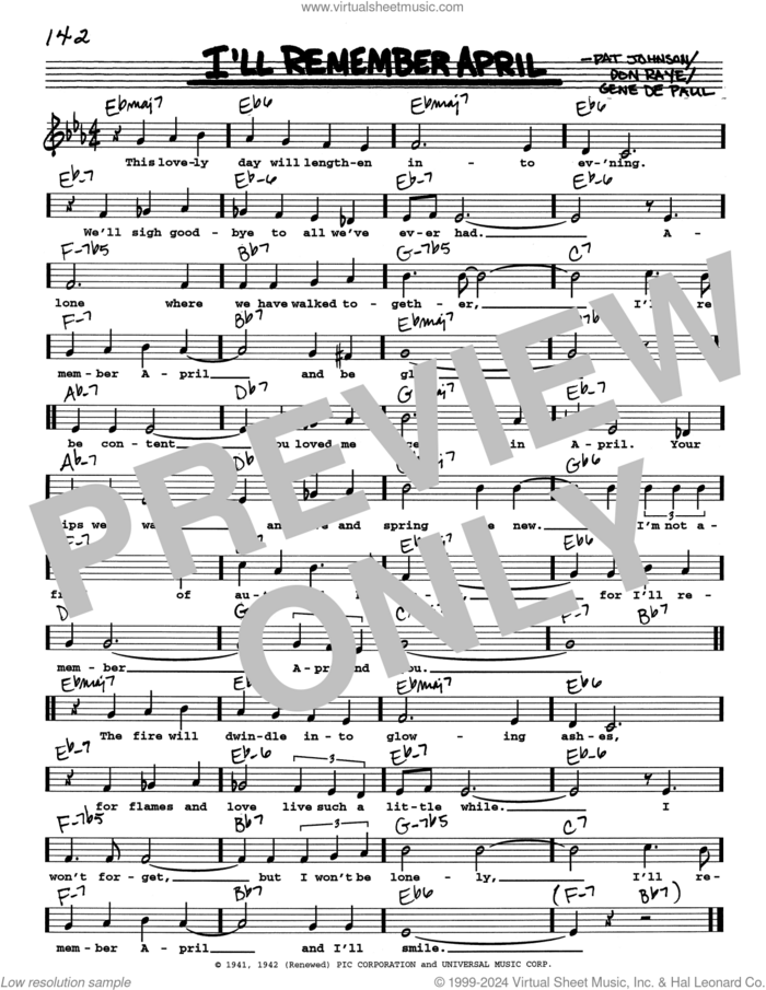I'll Remember April (Low Voice) sheet music for voice and other instruments (real book with lyrics) by Woody Herman & His Orchestra, Don Raye, Gene DePaul and Pat Johnston, intermediate skill level
