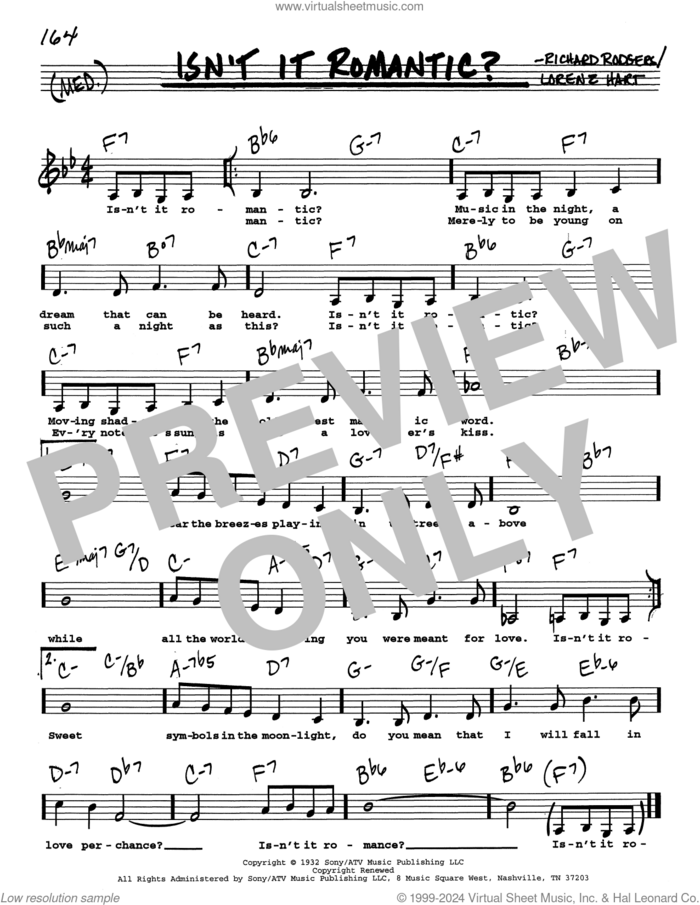 Isn't It Romantic? (Low Voice) sheet music for voice and other instruments (real book with lyrics) by Richard Rodgers, Shirley Horn, Lorenz Hart and Rodgers & Hart, intermediate skill level