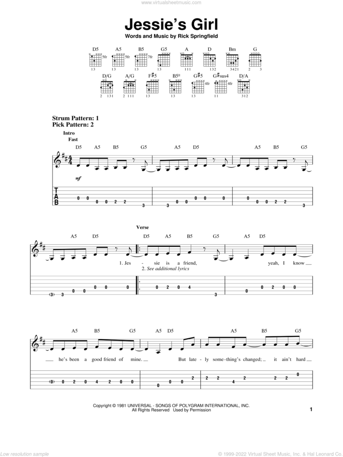 Jessie's Girl sheet music for guitar solo (easy tablature) by Rick Springfield and Miscellaneous, easy guitar (easy tablature)