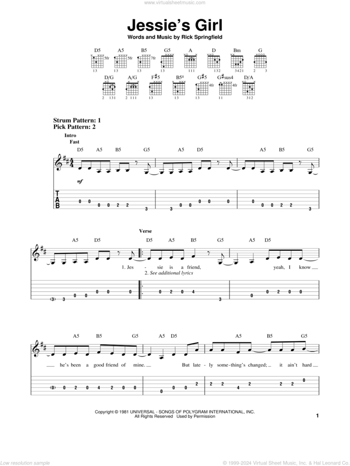 Jessie's Girl sheet music for guitar solo (easy tablature) by Rick Springfield and Miscellaneous, easy guitar (easy tablature)