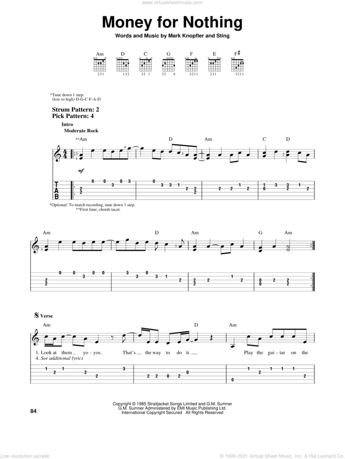 Money For Nothing sheet music for guitar solo (easy tablature) by Dire Straits, Mark Knopfler and Sting, easy guitar (easy tablature)
