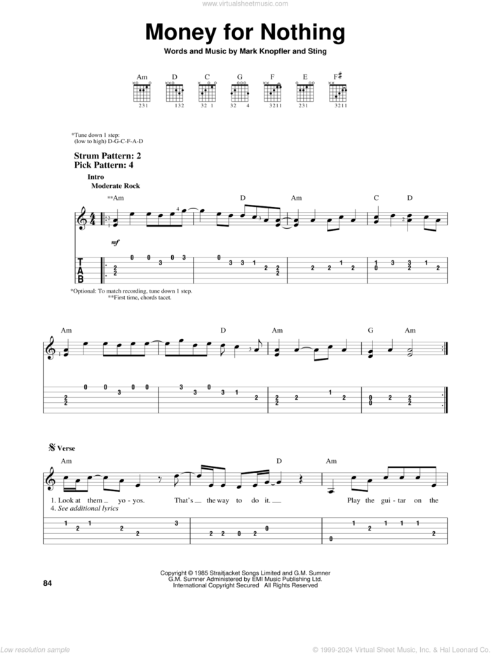 Money For Nothing sheet music for guitar solo (easy tablature) by Dire Straits, Mark Knopfler and Sting, easy guitar (easy tablature)