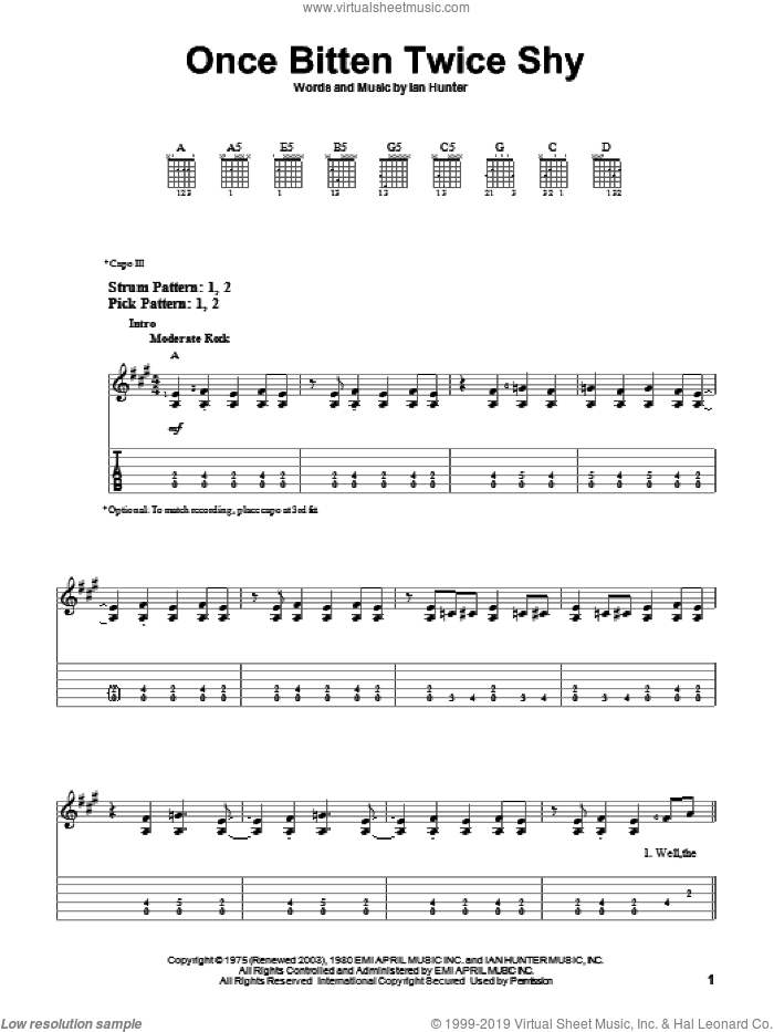 Once Bitten Twice Shy sheet music for guitar solo (easy tablature) by Great White and Ian Hunter, easy guitar (easy tablature)