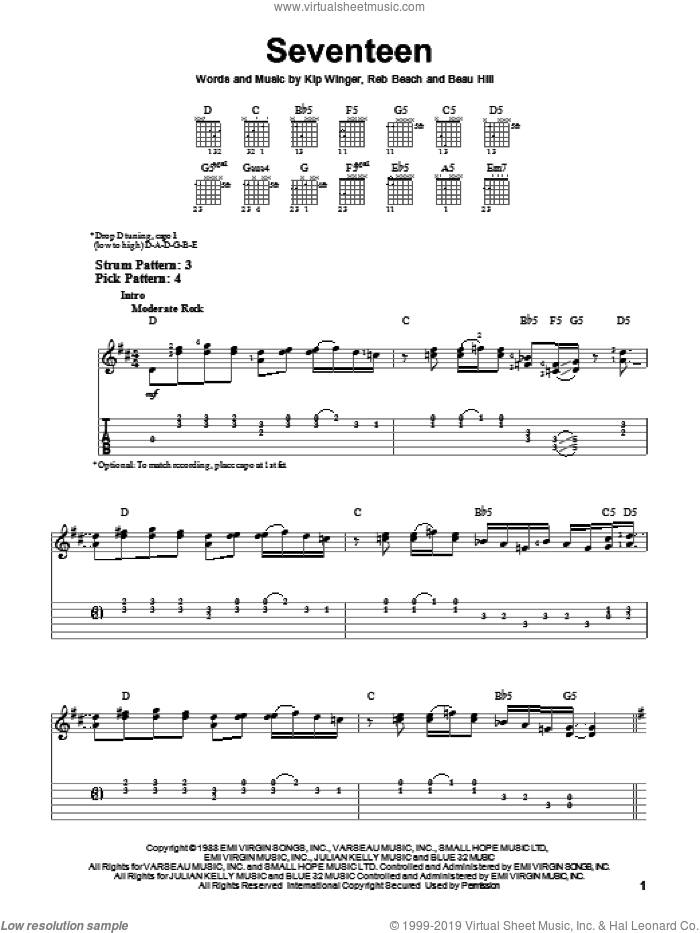 Seventeen sheet music for guitar solo (easy tablature) by Winger, Beau Hill, Kip Winger and Reb Beach, easy guitar (easy tablature)