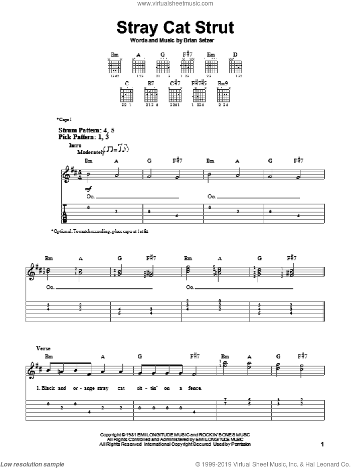 Stray Cat Strut sheet music for guitar solo (easy tablature) by Stray Cats and Brian Setzer, easy guitar (easy tablature)