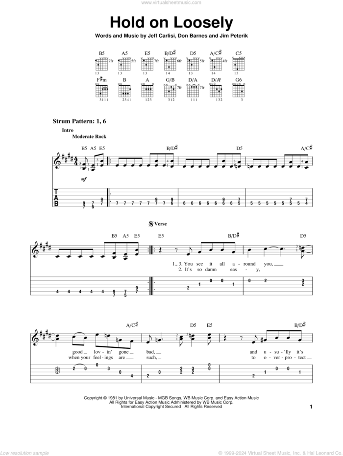 Hold On Loosely sheet music for guitar solo (easy tablature) by 38 Special, Don Barnes, Jeff Carlisi and Jim Peterik, easy guitar (easy tablature)