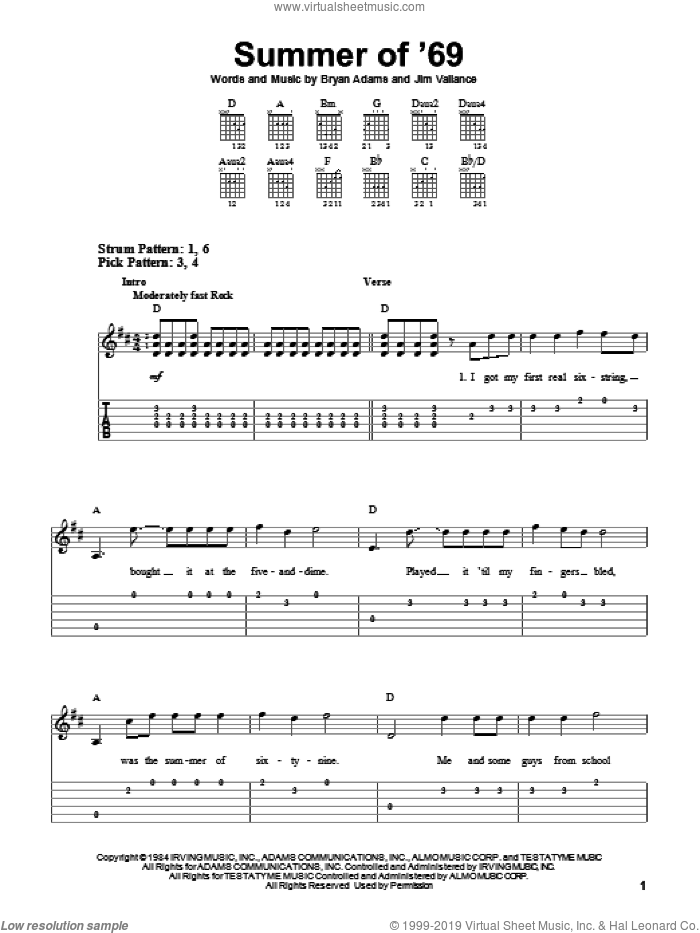 Summer Of '69 sheet music for guitar solo (easy tablature) by Bryan Adams and Jim Vallance, easy guitar (easy tablature)