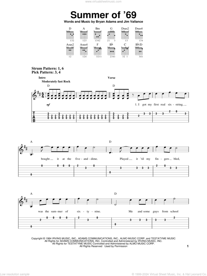 Summer Of '69 sheet music for guitar solo (easy tablature) by Bryan Adams and Jim Vallance, easy guitar (easy tablature)