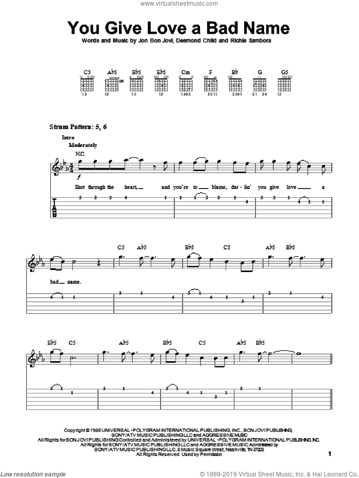 You Give Love A Bad Name sheet music for guitar solo (easy tablature) by Bon Jovi, Desmond Child and Richie Sambora, easy guitar (easy tablature)