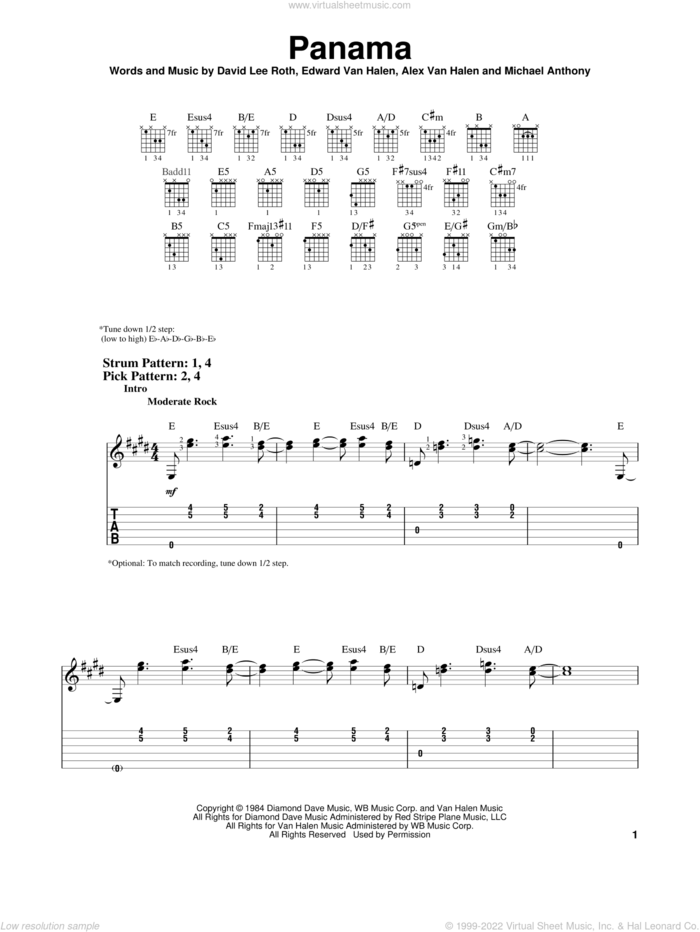 Panama sheet music for guitar solo (easy tablature) by Edward Van Halen, Alex Van Halen, David Lee Roth and Michael Anthony, easy guitar (easy tablature)