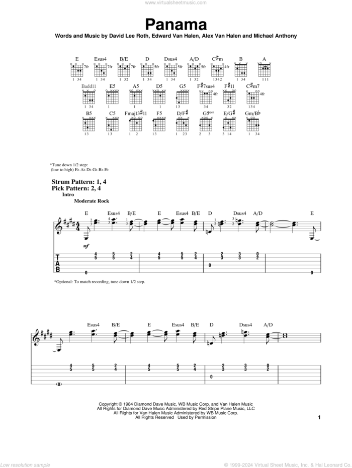 Panama sheet music for guitar solo (easy tablature) by Edward Van Halen, Alex Van Halen, David Lee Roth and Michael Anthony, easy guitar (easy tablature)