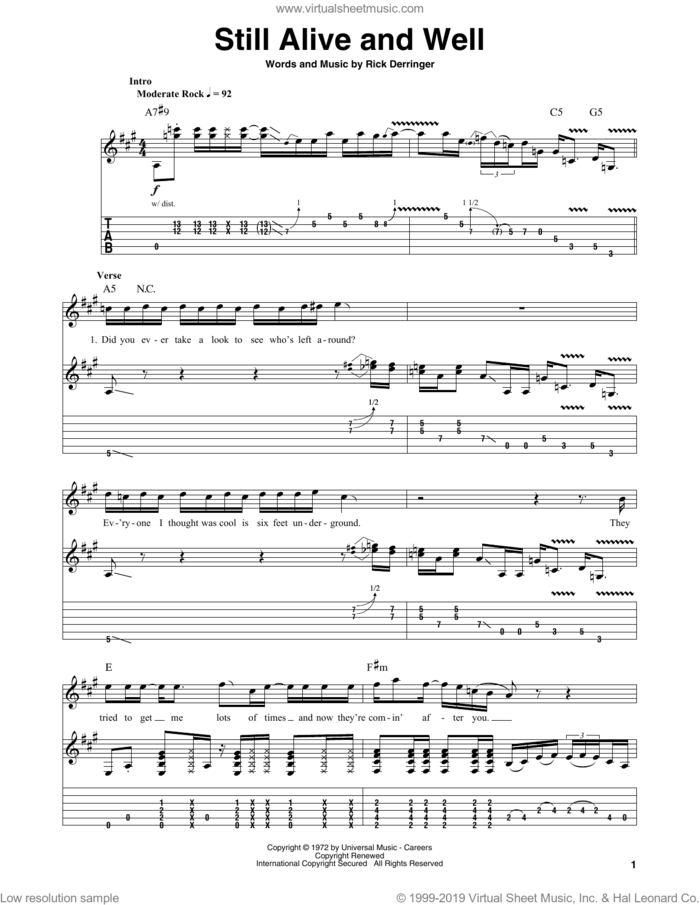 Still Alive And Well sheet music for guitar (tablature, play-along) by Johnny Winter and Rick Derringer, intermediate skill level