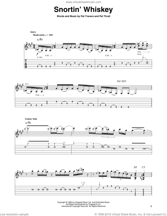 Snortin' Whiskey sheet music for guitar (tablature, play-along) by Pat Travers and Pat Thrall, intermediate skill level