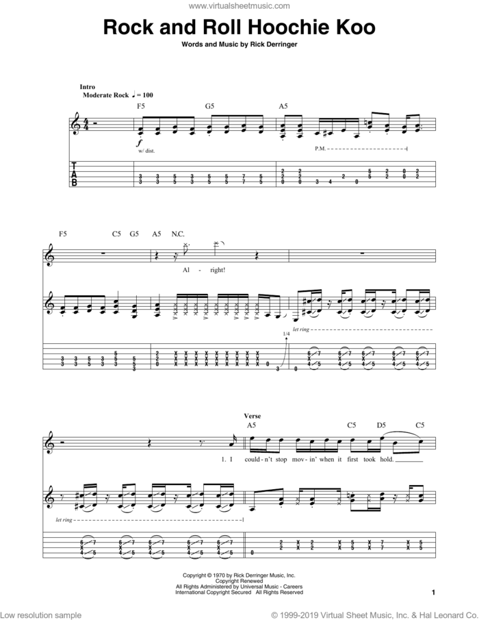 Rock And Roll Hoochie Koo sheet music for guitar (tablature, play-along) by Rick Derringer, intermediate skill level