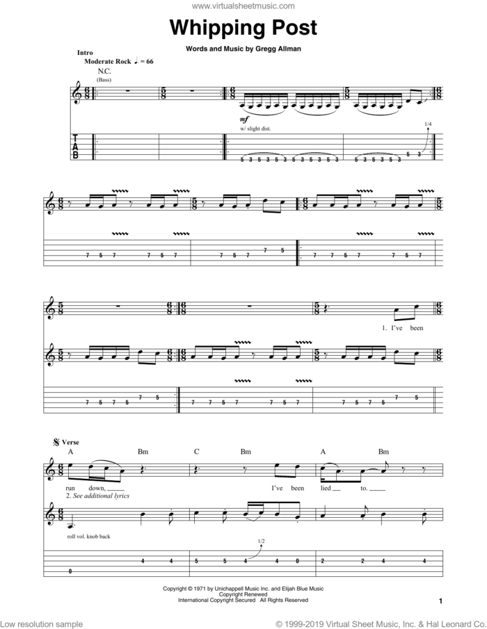 Whipping Post sheet music for guitar (tablature, play-along) by Allman Brothers Band, The Allman Brothers Band and Gregg Allman, intermediate skill level