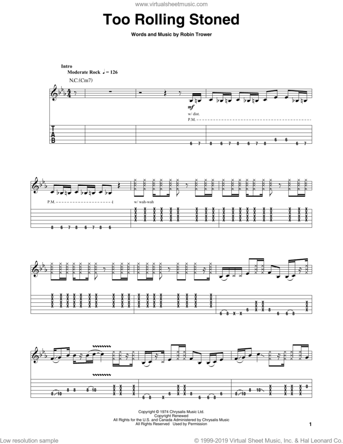 Too Rolling Stoned sheet music for guitar (tablature, play-along) by Robin Trower, intermediate skill level