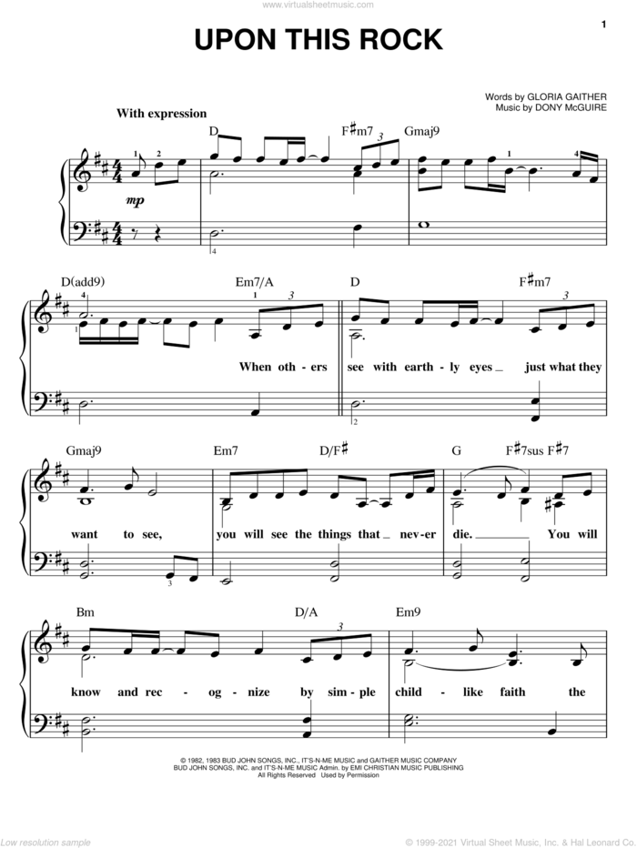 Upon This Rock sheet music for piano solo by Bill & Gloria Gaither, Dony McGuire and Gloria Gaither, easy skill level