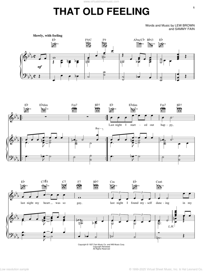 That Old Feeling sheet music for voice, piano or guitar by Rod Stewart, Ella Fitzgerald, Louis Armstrong, Peggy Lee, Lew Brown and Sammy Fain, intermediate skill level