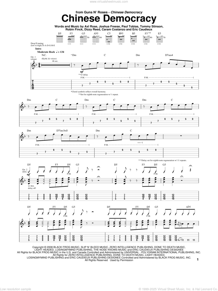 Chinese Democracy sheet music for guitar (tablature) by Guns N' Roses, Axl Rose, Caram Costanzo, Dizzy Reed, Eric Caudieux, Joshua Freese, Paul Tobias, Robin Finck and Tommy Stinson, intermediate skill level