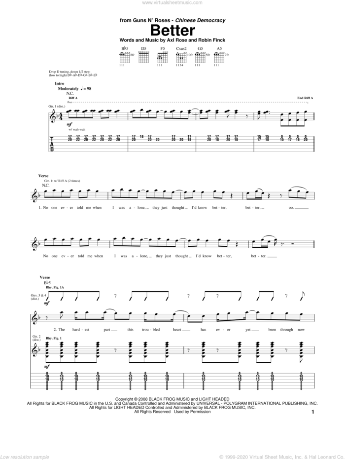 Better sheet music for guitar (tablature) by Guns N' Roses, Axl Rose and Robin Finck, intermediate skill level