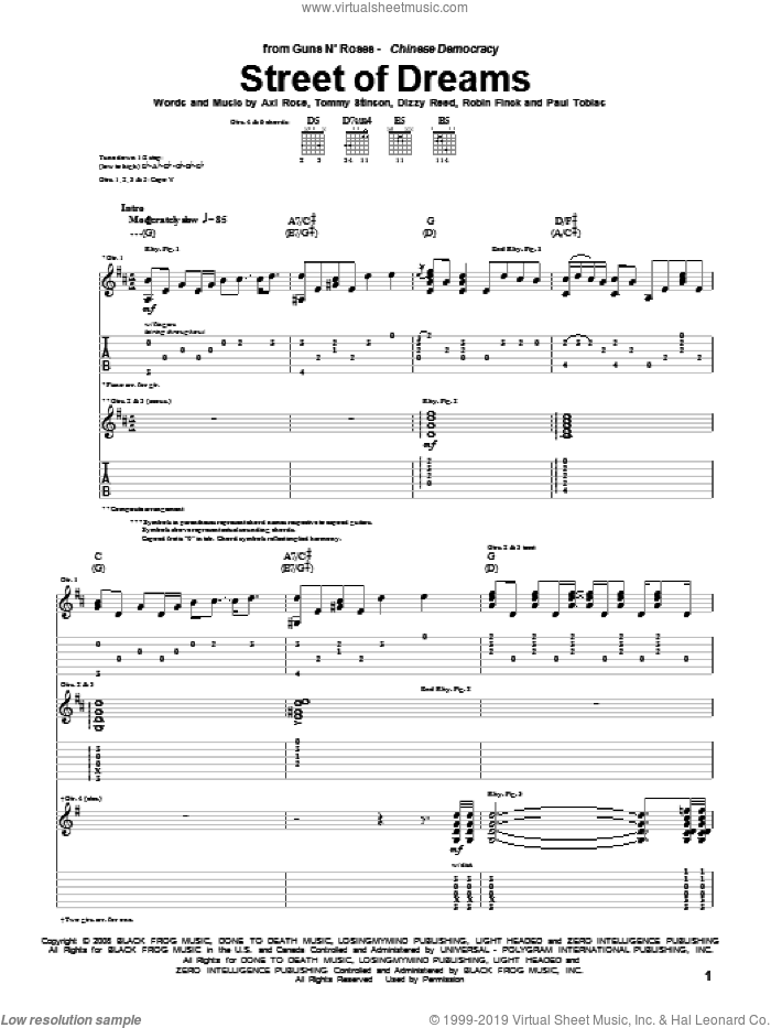 Street Of Dreams sheet music for guitar (tablature) by Guns N' Roses, Axl Rose, Dizzy Reed, Paul Tobias, Robin Finck and Tommy Stinson, intermediate skill level