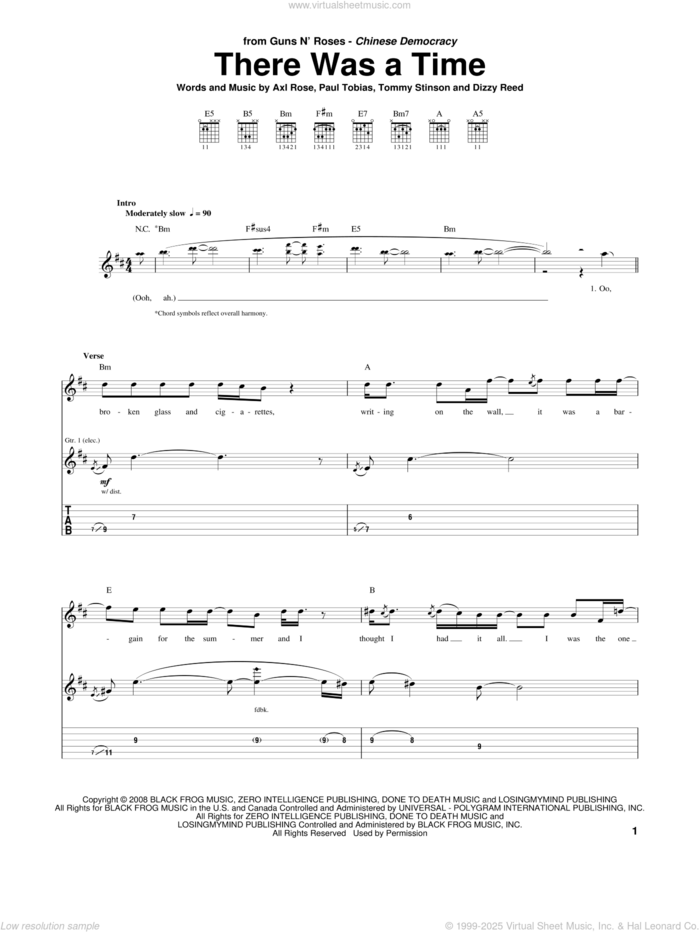 There Was A Time sheet music for guitar (tablature) by Guns N' Roses, Axl Rose, Dizzy Reed, Paul Tobias and Tommy Stinson, intermediate skill level