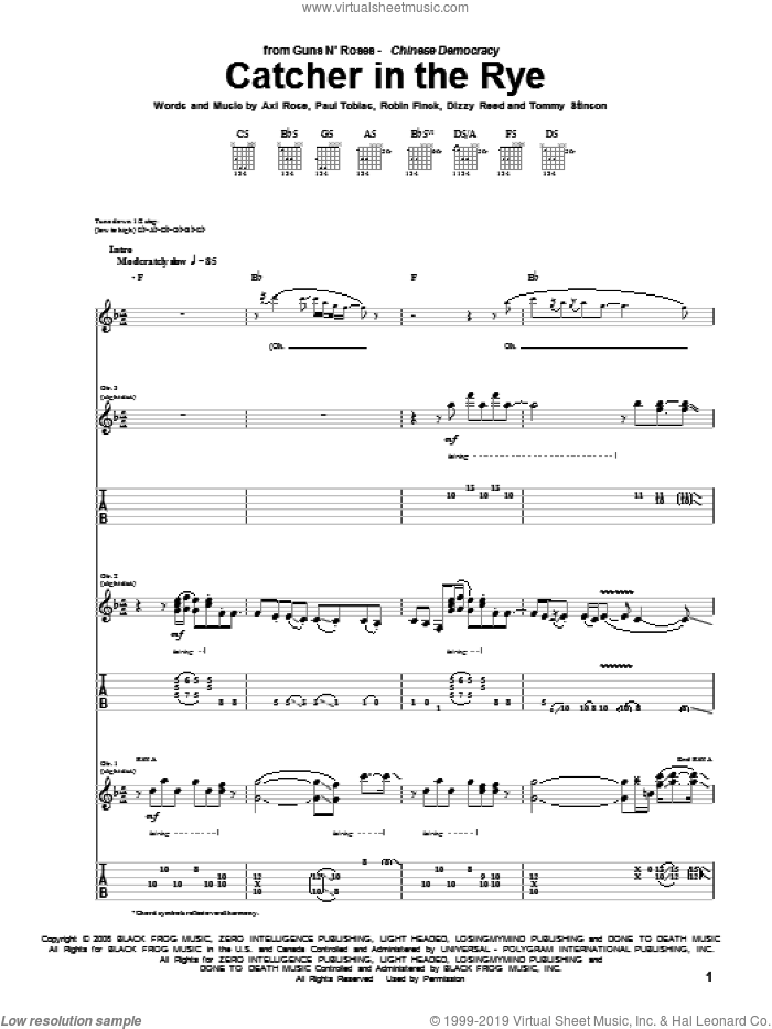 Catcher In The Rye sheet music for guitar (tablature) by Guns N' Roses, Axl Rose, Dizzy Reed, Paul Tobias, Robin Finck and Tommy Stinson, intermediate skill level