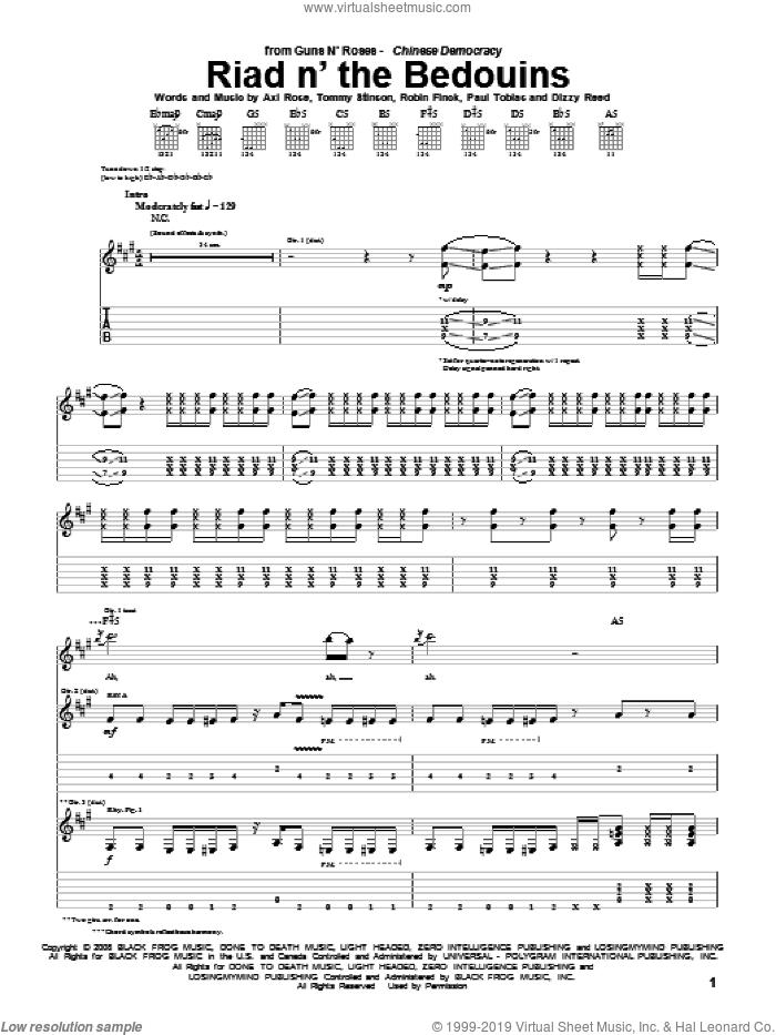 Riad N' The Bedouins sheet music for guitar (tablature) by Guns N' Roses, Axl Rose, Dizzy Reed, Paul Tobias, Robin Finck and Tommy Stinson, intermediate skill level