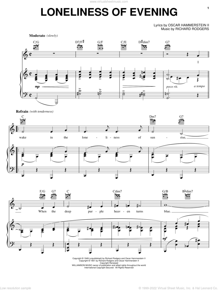 Loneliness Of Evening sheet music for voice, piano or guitar by Rodgers & Hammerstein, Cinderella (Musical), Oscar II Hammerstein and Richard Rodgers, intermediate skill level