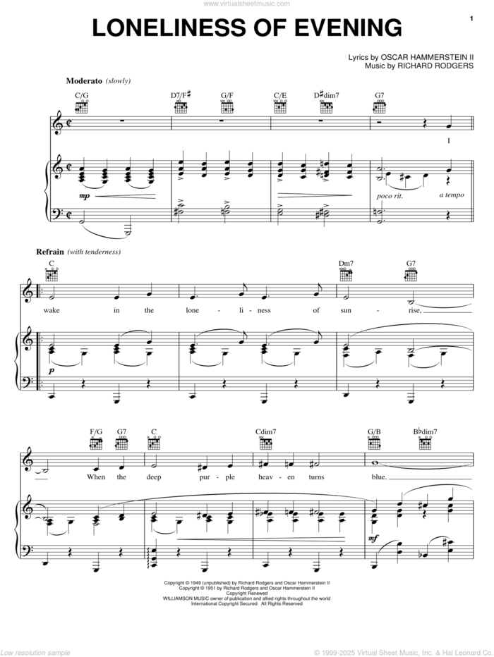 Loneliness Of Evening sheet music for voice, piano or guitar by Rodgers & Hammerstein, Cinderella (Musical), Oscar II Hammerstein and Richard Rodgers, intermediate skill level