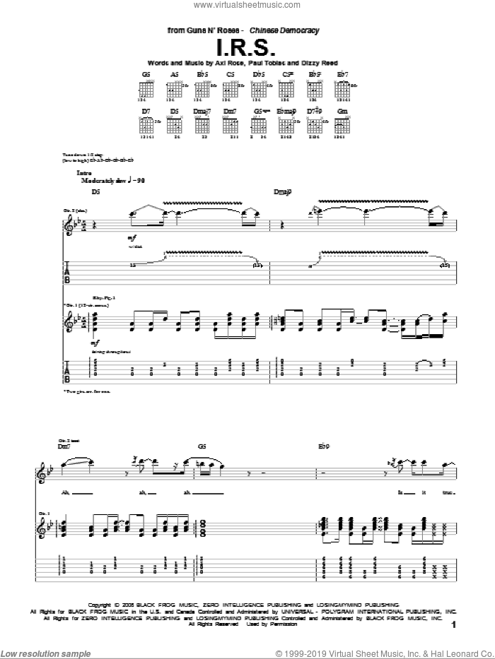I.R.S. sheet music for guitar (tablature) by Guns N' Roses, Axl Rose, Dizzy Reed and Paul Tobias, intermediate skill level