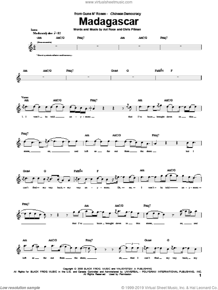 Madagascar sheet music for guitar (tablature) by Guns N' Roses, Axl Rose and Chris Pitman, intermediate skill level