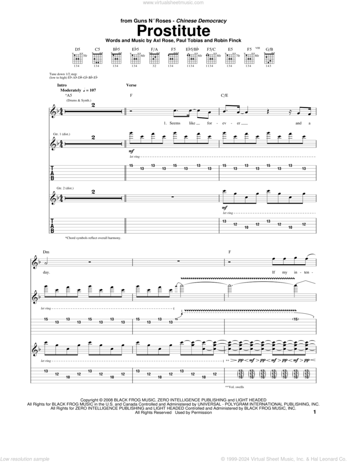 Prostitute sheet music for guitar (tablature) by Guns N' Roses, Axl Rose, Paul Tobias and Robin Finck, intermediate skill level