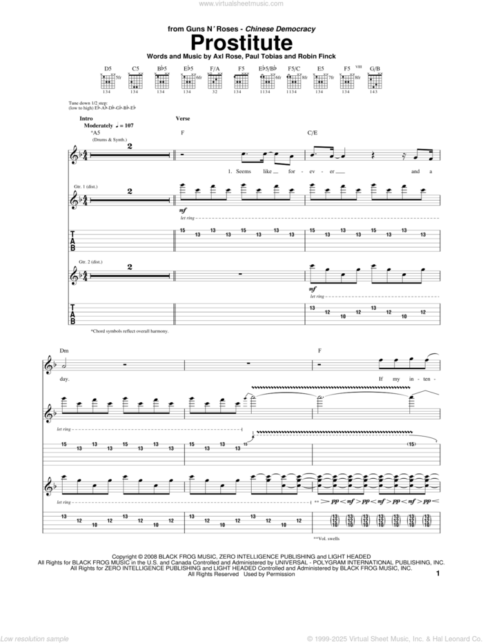 Prostitute sheet music for guitar (tablature) by Guns N' Roses, Axl Rose, Paul Tobias and Robin Finck, intermediate skill level