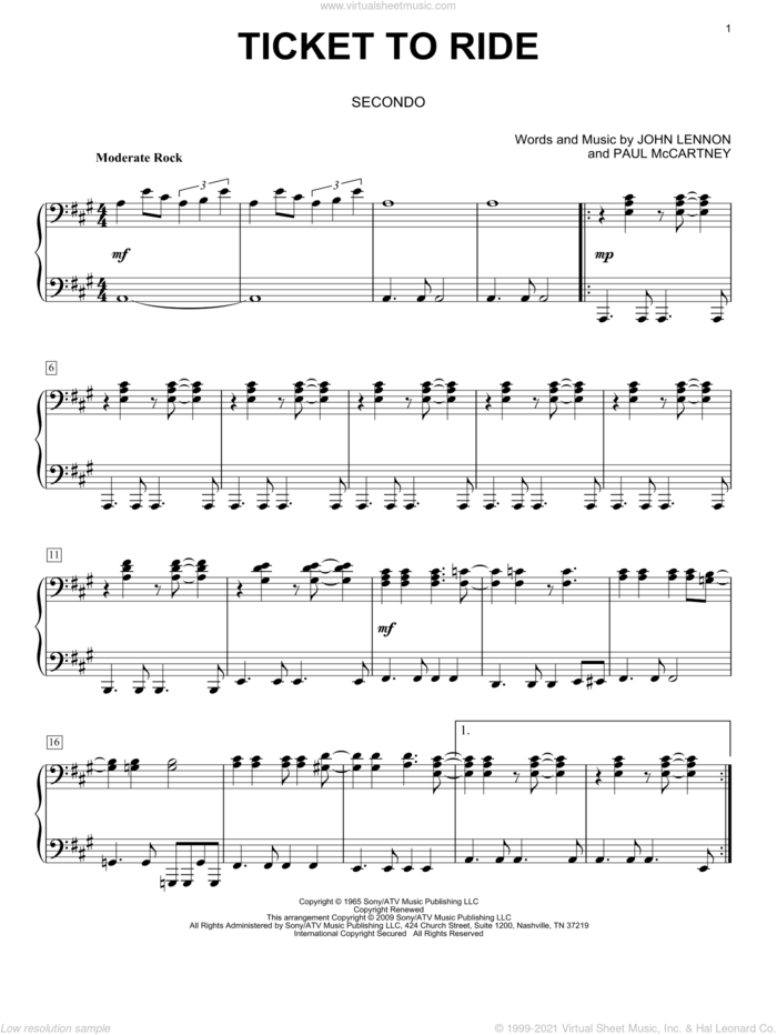 Ticket To Ride sheet music for piano four hands by The Beatles, John Lennon and Paul McCartney, intermediate skill level