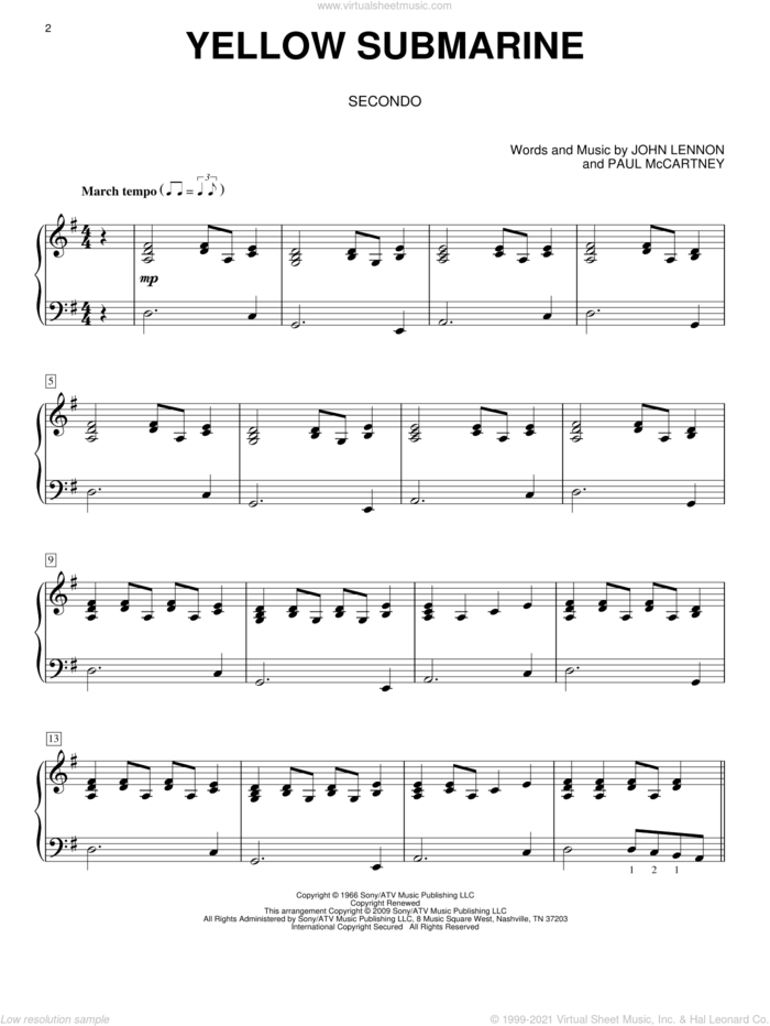 Yellow Submarine sheet music for piano four hands by The Beatles, John Lennon and Paul McCartney, intermediate skill level