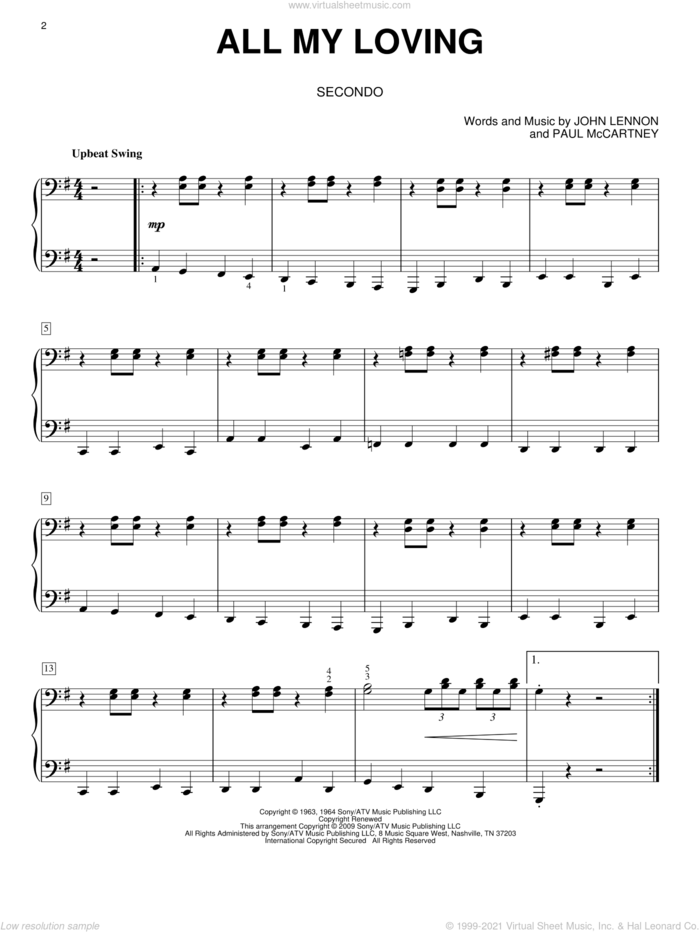 All My Loving sheet music for piano four hands by The Beatles, John Lennon and Paul McCartney, intermediate skill level