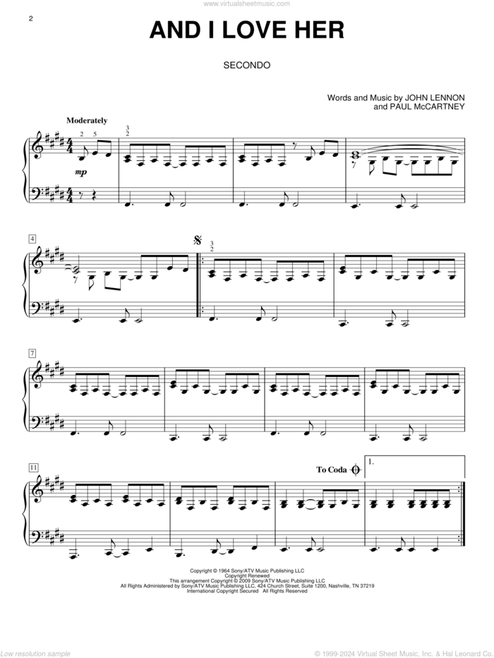 And I Love Her sheet music for piano four hands by The Beatles, John Lennon and Paul McCartney, intermediate skill level