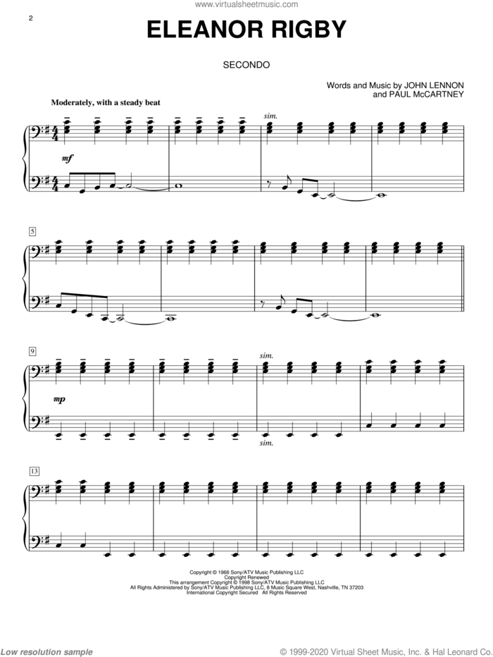 Eleanor Rigby sheet music for piano four hands by The Beatles, John Lennon and Paul McCartney, intermediate skill level