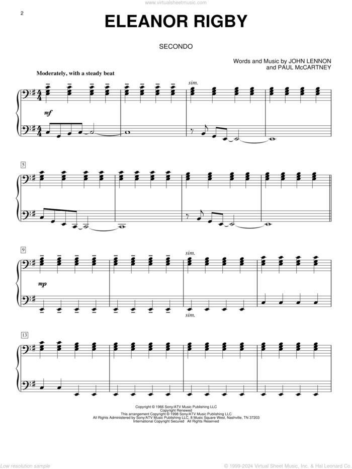 Eleanor Rigby sheet music for piano four hands by The Beatles, John Lennon and Paul McCartney, intermediate skill level