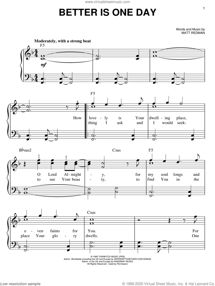 Better Is One Day sheet music for piano solo by Matt Redman, easy skill level