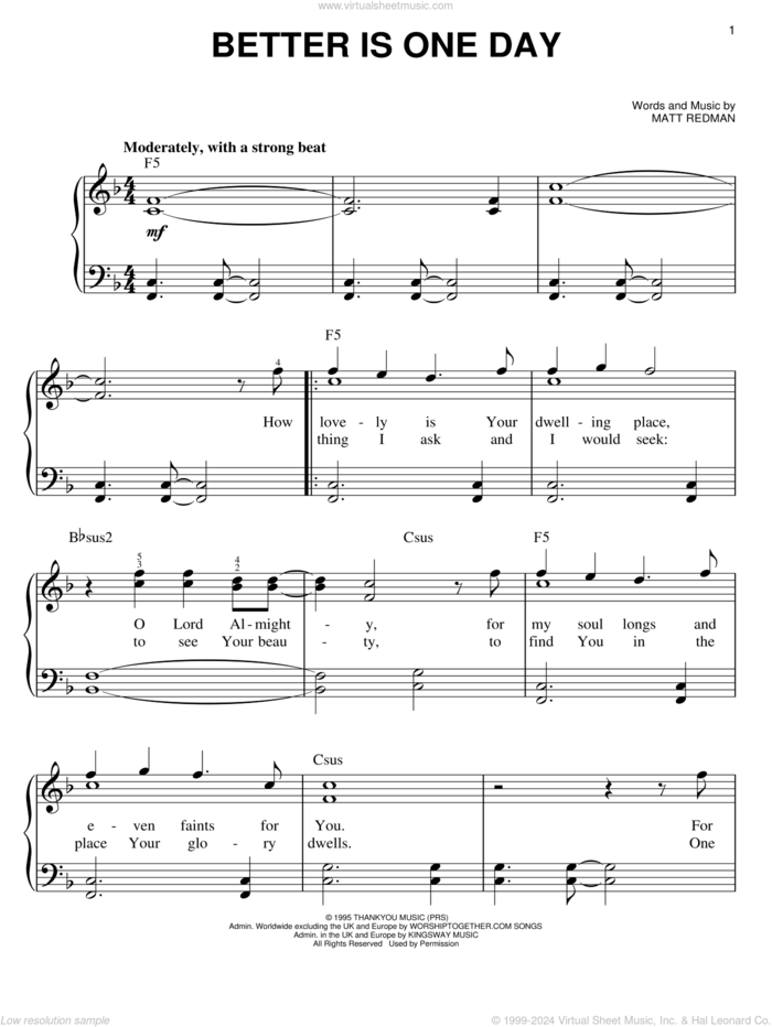 Better Is One Day sheet music for piano solo by Matt Redman, easy skill level