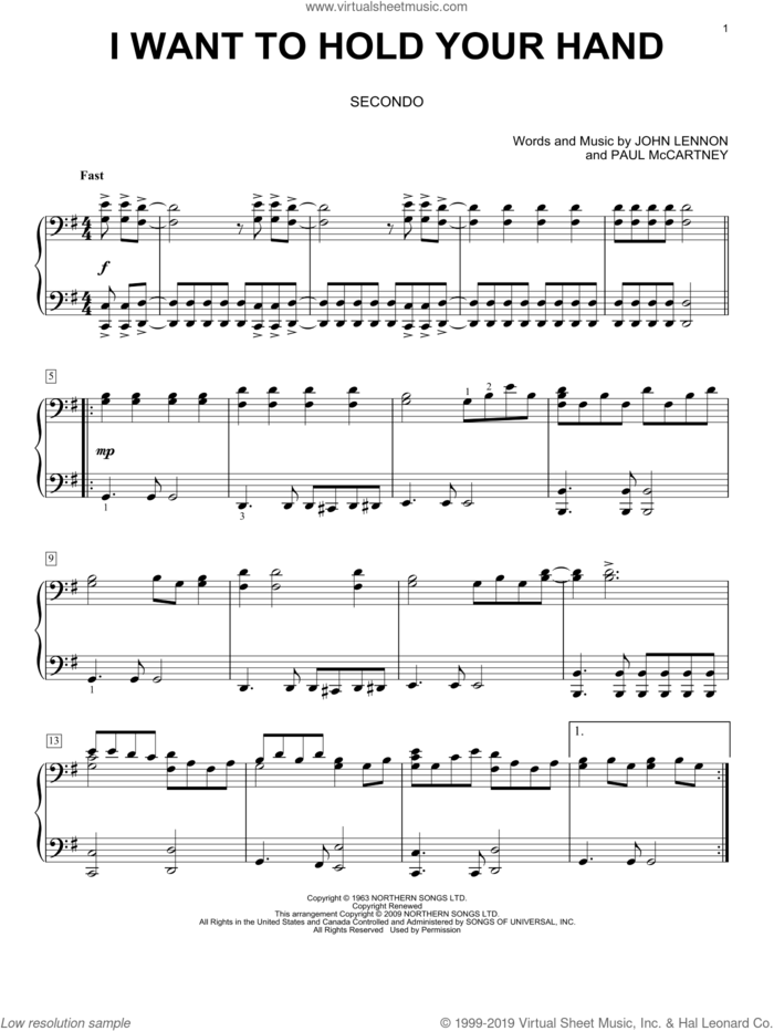 I Want To Hold Your Hand sheet music for piano four hands by The Beatles, John Lennon and Paul McCartney, intermediate skill level