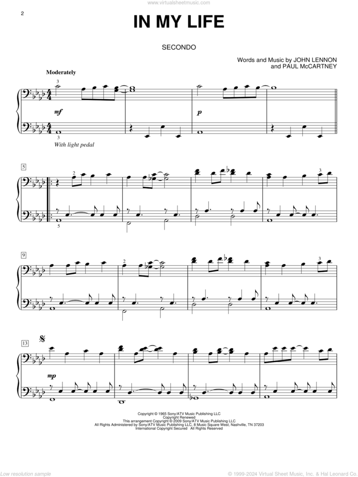 In My Life sheet music for piano four hands by The Beatles, John Lennon and Paul McCartney, wedding score, intermediate skill level