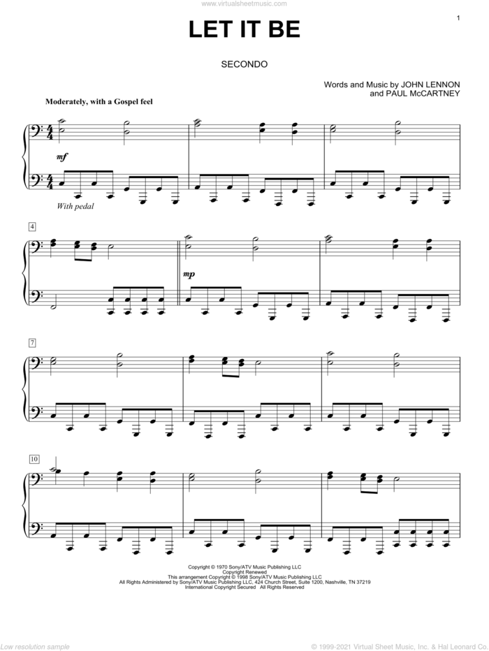 Let It Be sheet music for piano four hands by The Beatles, John Lennon and Paul McCartney, intermediate skill level