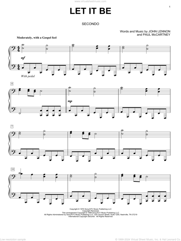 Let It Be sheet music for piano four hands by The Beatles, John Lennon and Paul McCartney, intermediate skill level