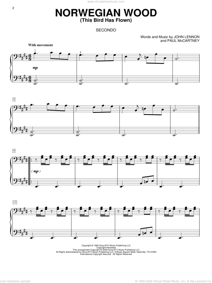 Norwegian Wood (This Bird Has Flown) sheet music for piano four hands by The Beatles, John Lennon and Paul McCartney, intermediate skill level