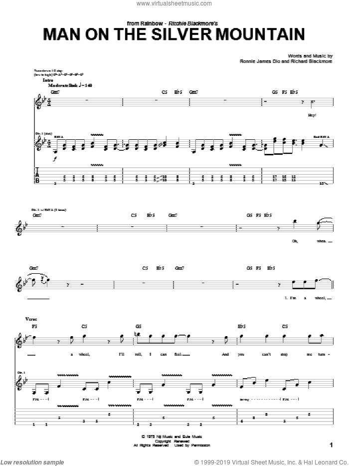Man On The Silver Mountain sheet music for guitar (tablature) by Rainbow, Dio, Richard Blackmore and Ronnie James Dio, intermediate skill level