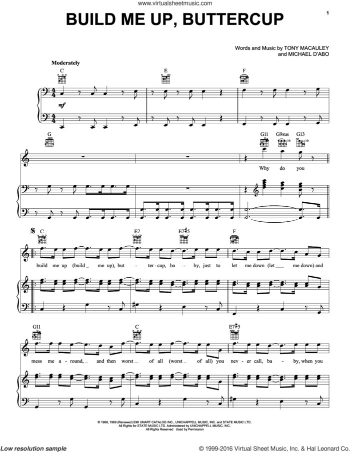 Build Me Up, Buttercup sheet music for voice, piano or guitar by The Foundations and Tony McCauley, intermediate skill level